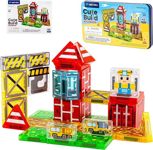 42PCS Mini Construction Magnetic Tiles Travel Set, Portable STEM Blocks with Metal Case, Montessori Educational Sensory Gifts for 3–5 Year-Old Boys