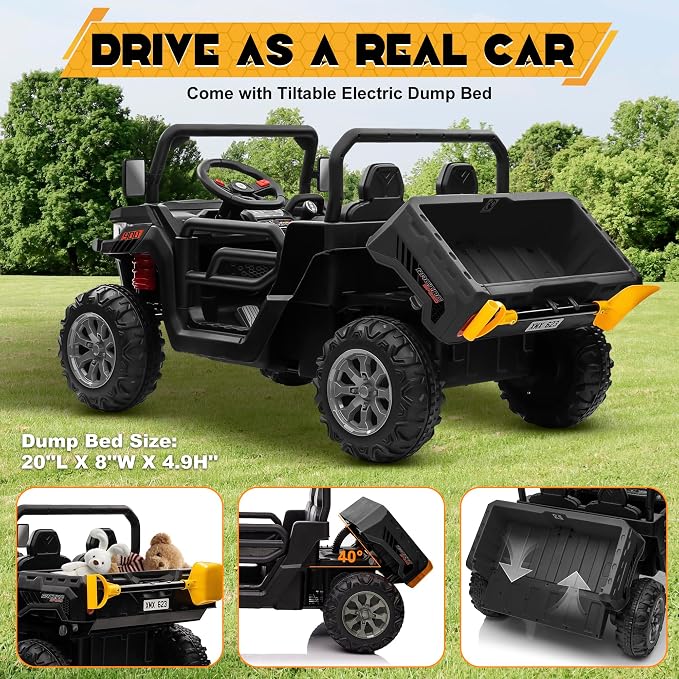 24V 4WD Ride on Car Dump Truck w/4X200W Motor, 2 Seaters, Gift Flower, 2.4G Remote Control, Bluetooth Music, LED Light, 24 Volt Ride on Toy Cars for Big Kids, Black