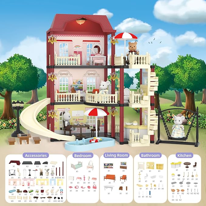 Dollhouse Kit Playset Little Critters Bunny Dolls for Girls with Swimming Pool and Slideside Family Toys for Toddler 5 Year+ Old Girl
