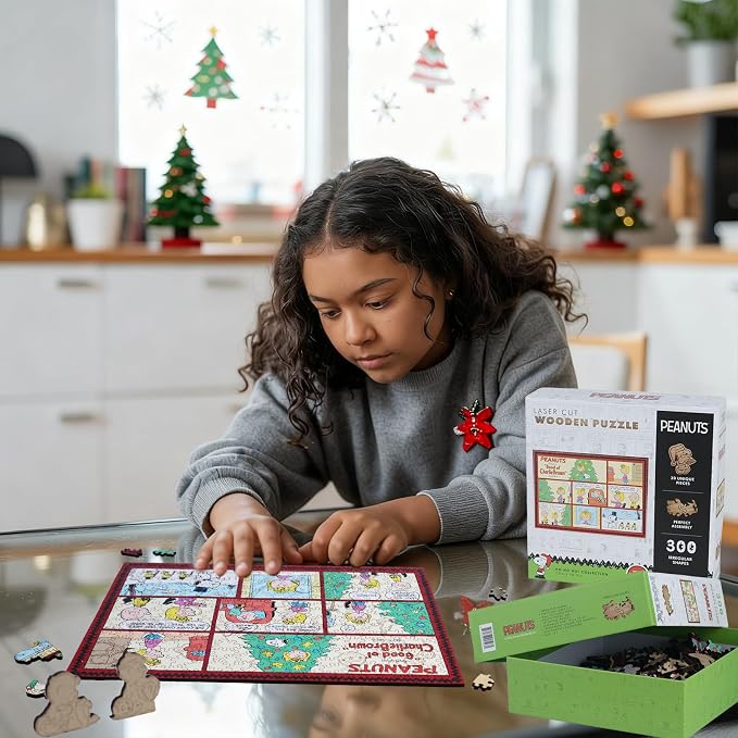 Peanuts Puzzles for Adults – Christmas Comic Charlie Brown Wooden Puzzles, 300 Pieces Snoopy Collection Jigsaw Puzzle, for Kids, 5MM Thick, Officially Licensed Merchandise, 15" x 10.5"
