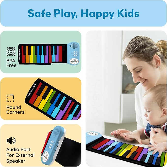 PicassoTiles Electronic Piano 49Key Flexible Roll-Up Keyboard with Recording Feature 8 Tones 6 Demo Songs Built-in Speaker Educational Music Toy for Kids Toddlers Boys Girls Rainbow Color Design PT49