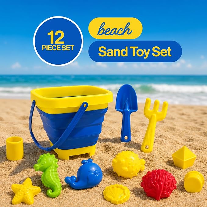 Beach Toys for Kids, 12-Piece Foldable Sand Toy Set, Silicone Beach Bucket, Sand Toys for Toddlers Ages 2-8, Beach Bucket and Shovel Set, Outdoor Beach and Sandbox Toys (Blue Set)