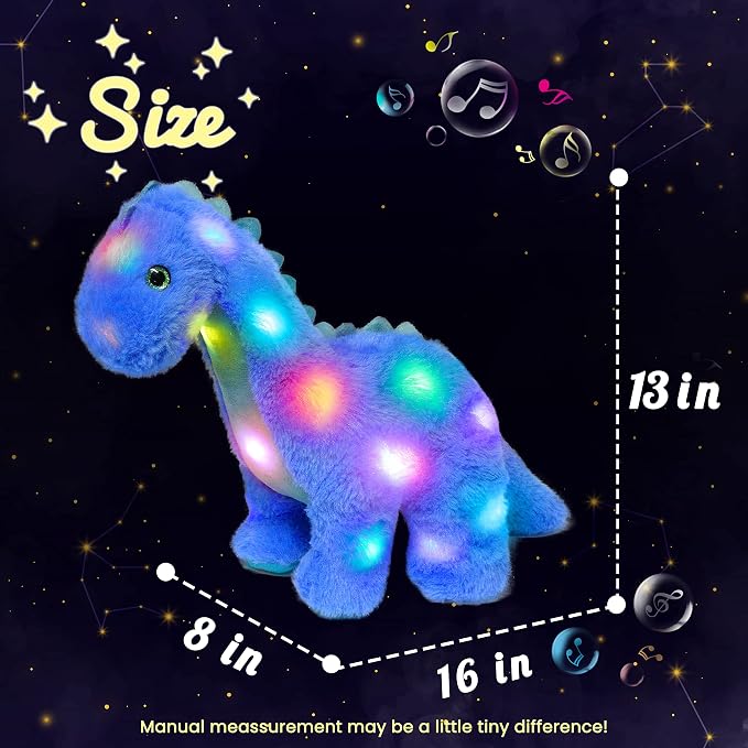 Hopearl LED Musical Stuffed Dinosaur Lighting Up Singing Diplodocus Soft Plush Toy with Long Neck Adjustable Volume Lullaby Animated Soothe Gifts for Kids Toddlers, Blue, 16''