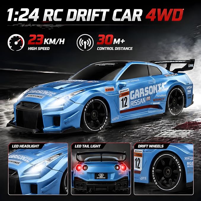 HTURCCOP 1:24 RC Drift 2.4GHz with LED Light Race Car Toys for Boys and Girls Aged 6+ Speed Adjustable up to 23Km/H, High-Speed RC Racing Cars Toy Gift for Boys & Girls (Blue)