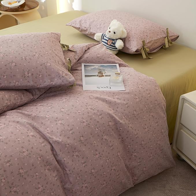 Purple Floral Comforter Set Full Size, 3 Pieces Cottagecore Aesthetic Cute Flowers Comforter Set for All Seasons, Coquette Floral Mauve Bedding Vintage Botanical Comforter with 2 Bow Ties Pillowcases