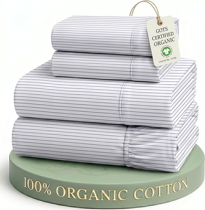 LANE LINEN California King Bed Sheets 100% Organic Cotton - Ticking Stripe | GOTS Certified Organic Cotton Percale Cal King Sheet Set - For Hot Sleepers, All-Season Comfort, For Master Suites