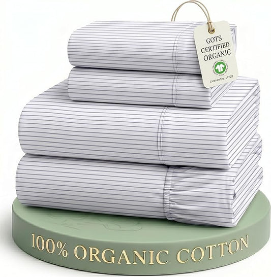 LANE LINEN King Sheets 100% Organic Cotton 4pc Percale - Ticking Stripe | King Sheet Set, 100% Organic Cotton Percale - Great For Gifting, Easy-Care Machine Washable, Breathable For Year-Round Sleep