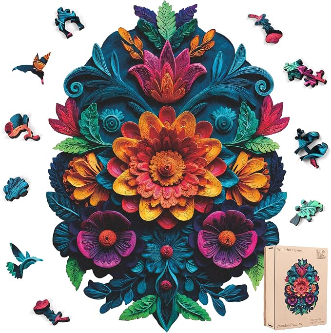 Leodozzio Wooden Jigsaw Puzzle for Adults, 200-Piece Waterfall Flowers, Unique Plant Shaped 5mm Thick Wooden Puzzle, Family Game & Birthday Gift, 9.5 x 13 Inch