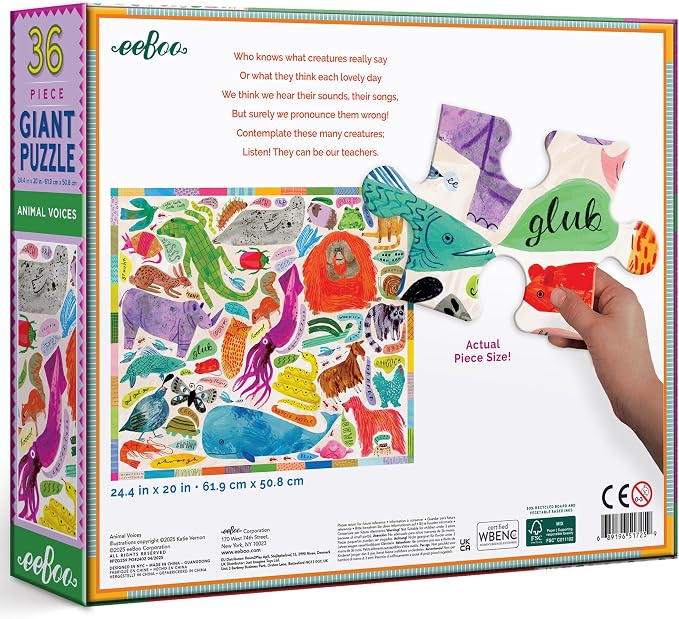 eeBoo 36 Piece Giant Floor Puzzle - Animal Voices Children's Puzzle Animal Sounds Themed, Large Pieces for Small Hands to Develop Motor Skills