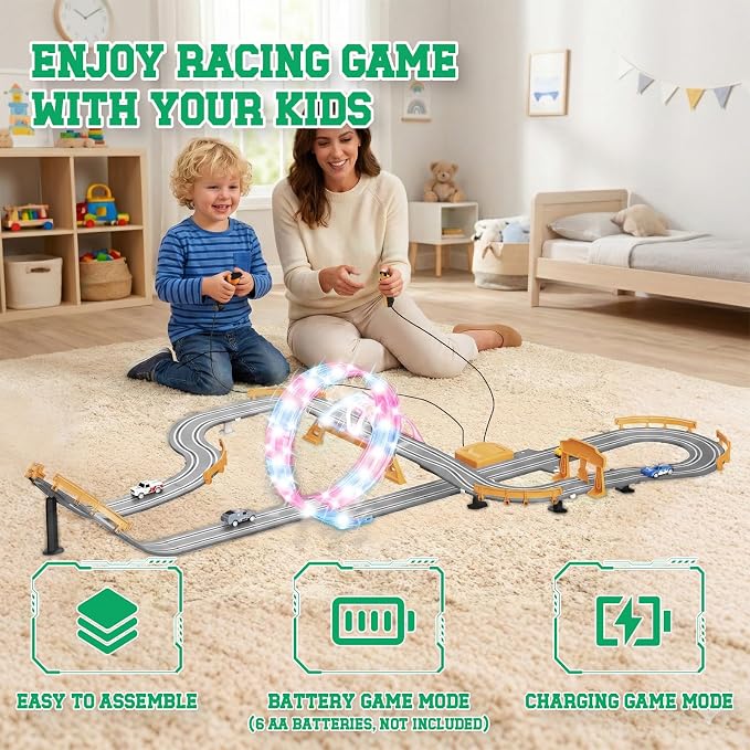 18.04ft 2-in-1 Slot Car Track Sets Toy - with 4 Cars, Battery or Electric Car Track Set with Dual Racing Game, Flash Circular Track, Lap Counter,Birthday Xmas Gifts Toys for Boys(S2-Charcoal)