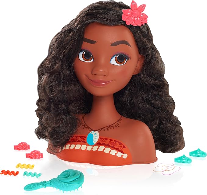 Disney Princess Moana Styling Head with Accessories, 14-pieces, Black Hair, Brown Eyes, Kids Toys for Ages 3 Up by Just Play