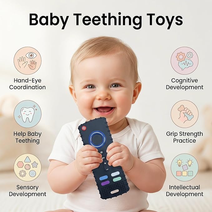 SOLIFEGOBLE Silicone TV Remote Teething Toy, BPA-Free Food Grade Teether for Babies 6-24 Months, Soft Chew Toy with Textured Buttons, Teething Relief & Sensory Play Black