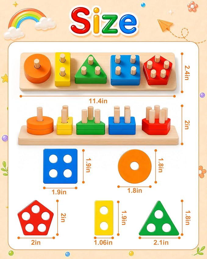 PEBIRA Montessori Toys for 1 to 3-Year-Old Boys Girls Toddlers, Wooden Sorting & Stacking Toys for Toddlers and Kids Preschool, Educational Color Recognition Shape Sorter, Learning Puzzles Gift