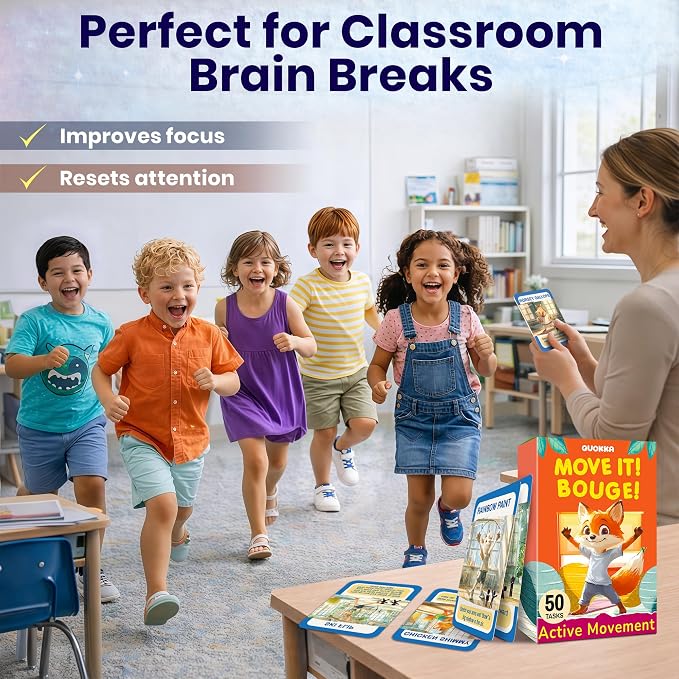 QUOKKA Active Movement Game for Kids Ages 4–8 – Animal-Themed Card Set with 50 Movement Tasks for Indoor & Outdoor Brain Breaks, Home & Classroom Activities