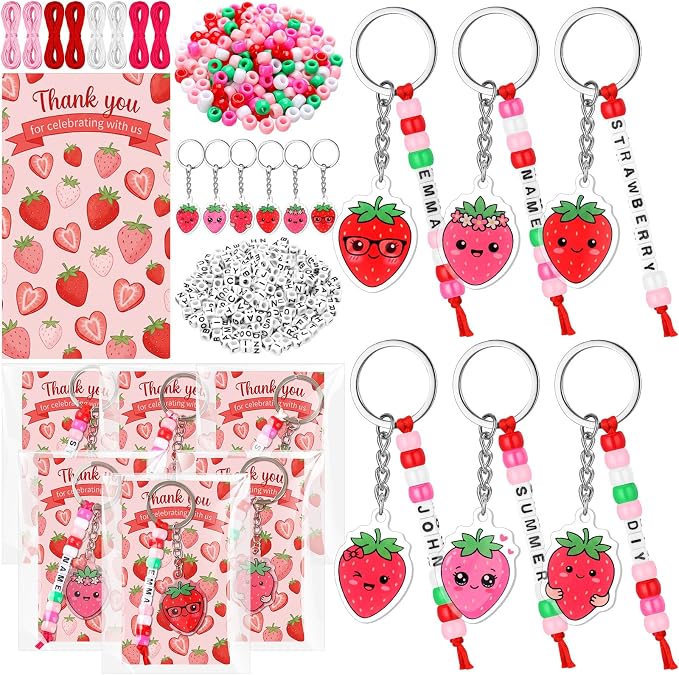 Suncalla 996 Pcs 24 Set Strawberry Keychain Making Kit DIY Summer Key Chain Crafts Bead Adjustable Letter Beads Cards Strings Kit Gift Backpack Accessories First Birthday Party Favors