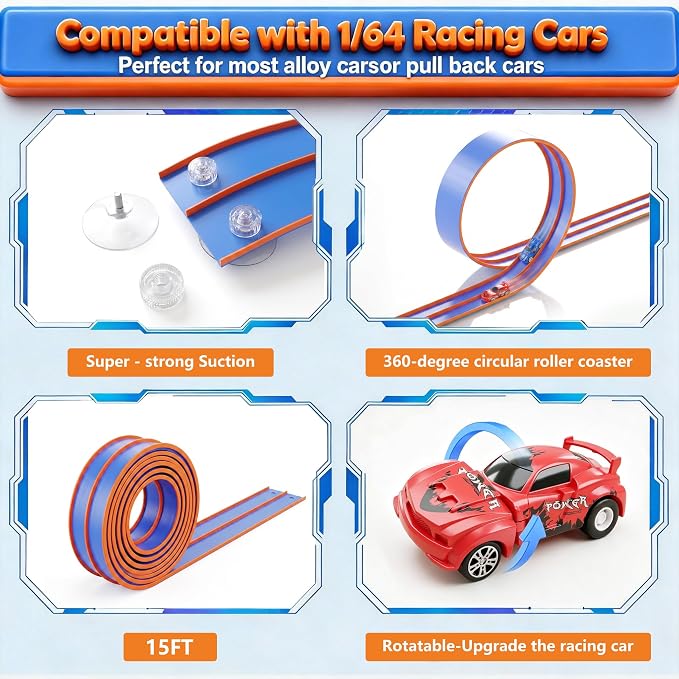 Flexible Tracks 15 Ft Flex Race Car Track for Kids Toy-DIY Car Track Set with 1/64th Rebound Cars Portable Rolls Up Race Tracks with Strong Suction Cups-Great Gifts Toys for Boys Girls Ages 3+