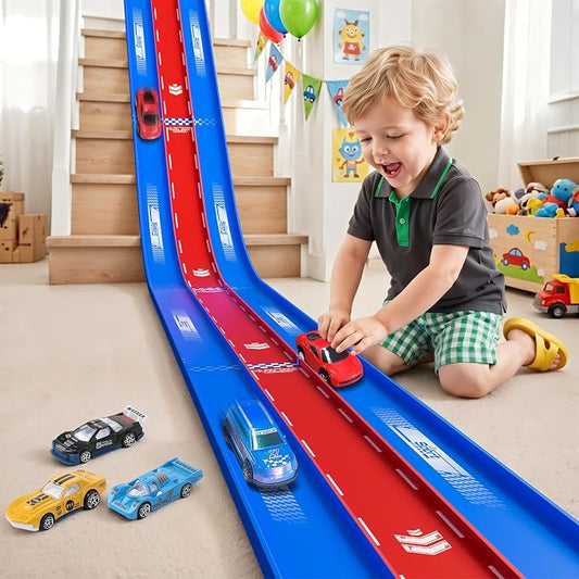 3-Lane Flexible Race Track for Kids, 16.4 Ft Flex Race Car Ramp Track with 3 Cars & Suction Cups - Compatible with Diecast 1/64th Cars, Portable Car Tracks Toys for Kids Boys Girls Ages 3-8+
