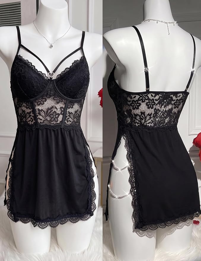 Avidlove Lingerie for Women Sexy Babydoll Lingerie Dress Chain Side Slit Chemise Nightgowns with G-String