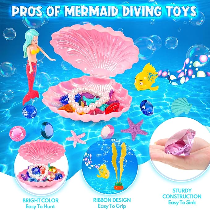 HUUIDY Pool Toys, 31Pcs Mermaid Toys Diving Toys with Shell Treasure Chests and Storage Bag, Swimming Pool Games Summer Water Toy Gift Set for Kids Toddlers Girls Boys