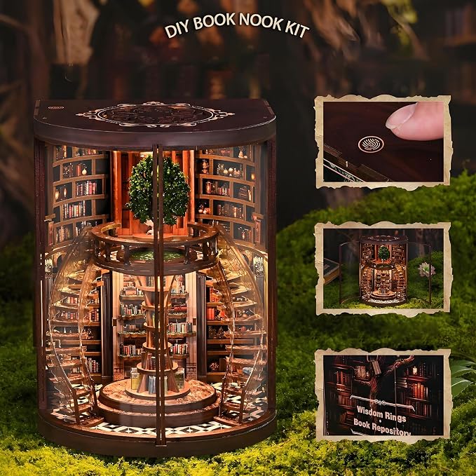 Book Nook Kits for Adults Fantasy 3D Puzzle Library Booknook Kit with Dust Cover Wisdom Book Repository Round Bookshelf Decor Wooden DIY Spiral Staircase Miniature Dollhouse Book House