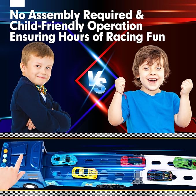 hahaland Toys for 3 Year Old Boy Gift - 2 in 1 Car Carrier Transforms into Race Tracks Toys with Dual Launcher Truck for Kids Ages 3-5 - Car Sets for Boys 3 Year Old Boy Gifts
