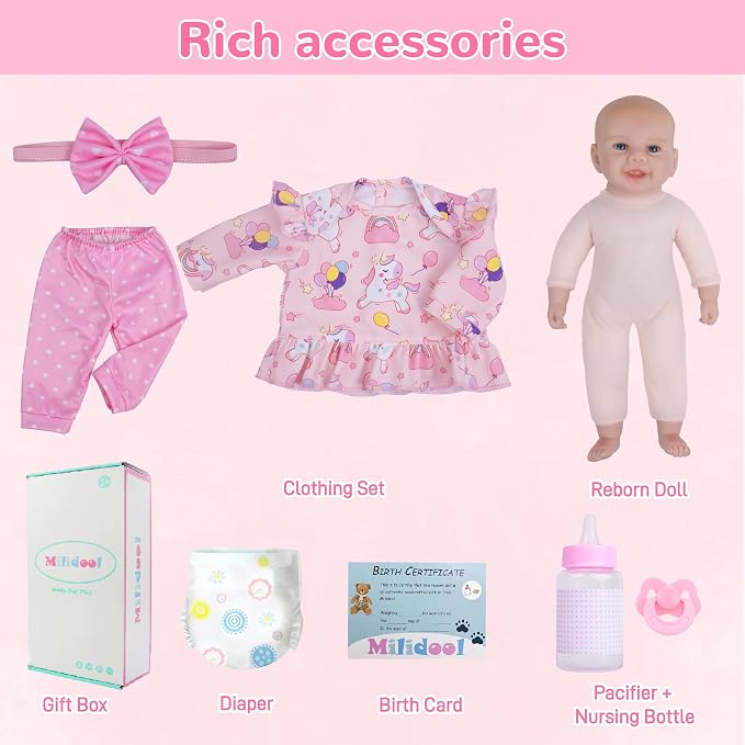 Milidool Baby Doll Girl, 17 inch Realistic Soft Body Reborn Baby Doll Real Life Cute Baby with Accessories for 3+ Year Old Gifts