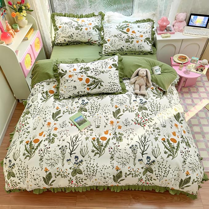 Twin XL Comforter Set 3 Pieces Cute Flower Botanical Comforter Set with Chic Ruffles Aesthetic Green Floral Comforter with 2 Pillowcases Romantic Princess Ruffle Bedding Comforter for Teen Girls