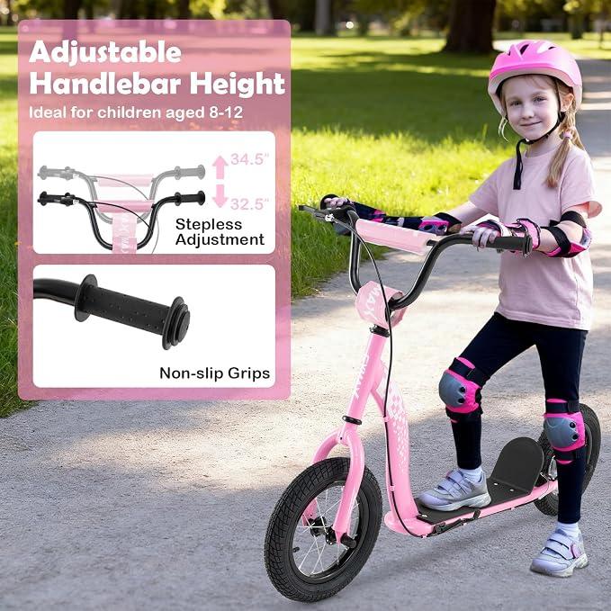 GYMAX Scooter, Kick Scooter for Adults, Teens, Kids with Adjustable Handlebar, 12” Inflatable Wheels, Front Caliper Brake & Non-Slip Deck, Heavy Duty Off-Road Scooter
