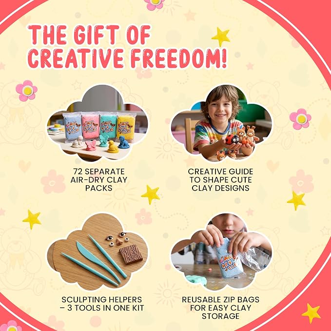 Air Dry Clay for Kids – 72 Colors Soft Modeling Clay Kit, Non-Toxic, DIY Model Art & Crafts Toys with Sculpting Tools, Paintable Craft Kit, Home Party Favors, Birthday Gift for Ages 3+