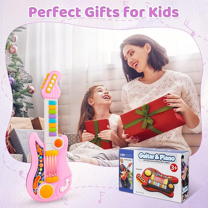 Kids Guitar 2 in 1 Musical Instruments for Kid - Fun Piano Toddler Toy & Electric Guitars | Explore Creativity | Unleash Child’s Talent, Music Toys for Boys & Girls (Pink)