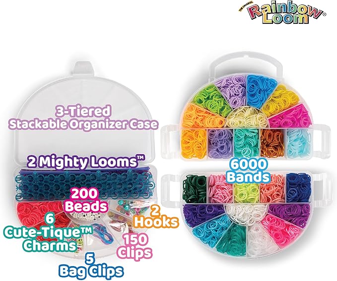 Rainbow Loom: 6,000 Bands Mighty Rainbow Case with 2 Mighty Looms, 6 Cute-tique Charms & 50 Beads – DIY Bracelet & Jewelry Making Kit for Kids 7+