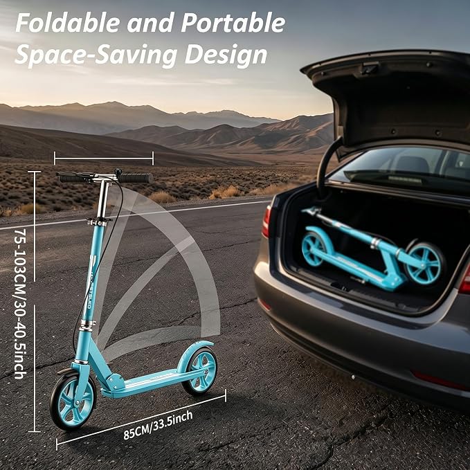 Scooters for Kids 8-12, Teens & Adults - Foldable&Portable Commuter Scooter with 8" Wheels, Bell, Hand Brake & Adjustable Height 30"-40.5", 240 lbs, Manual Push Scooter for Campus & Park