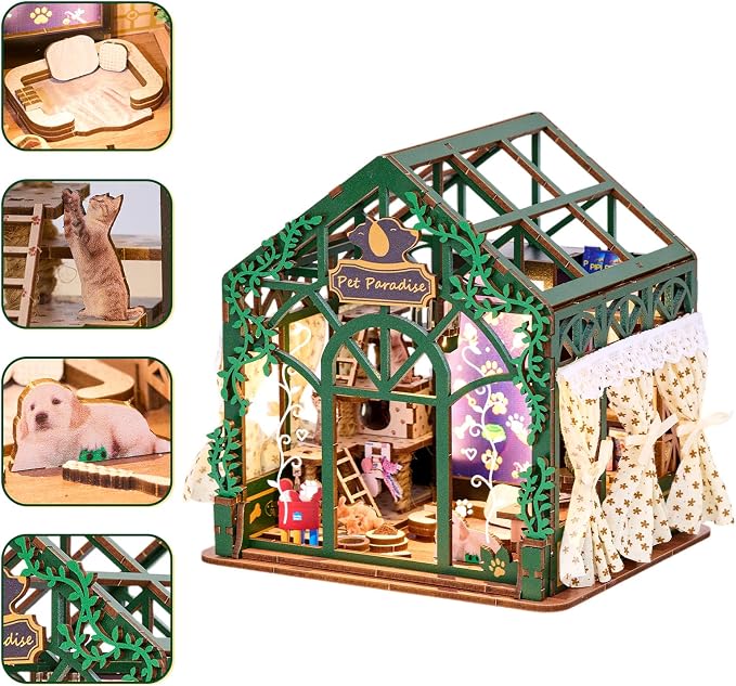 DIY Miniature Dollhouse Kit,3D Wooden Puzzles for Adults to Build, Birthday/Christmas Day Gift for Pet Lovers,Mini Furbabies‘ House with LED Lights,Pet Paradise