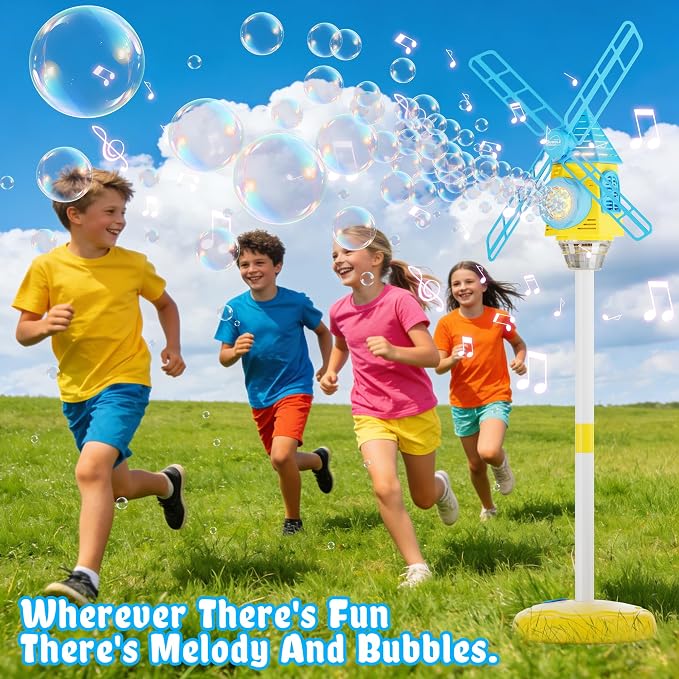 Windmill Bubble Machine for Kids, 51" Adjustable Height Standing Bubble Maker with Lights & Music, 10-Hole Battery Operated Bubble Blower with 130ml Tank, Outdoor Backyard Party Toys for Toddlers