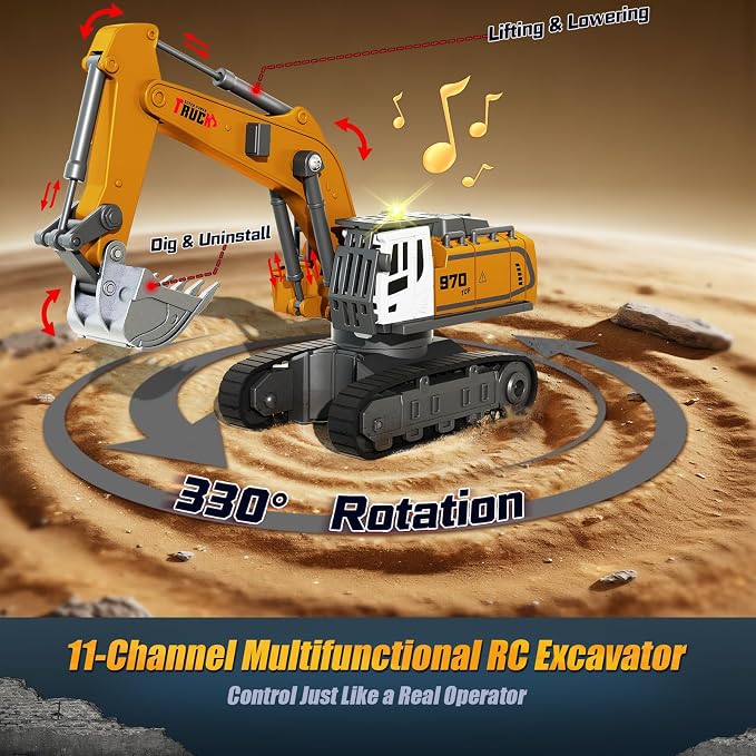 1:64 Remote Control Mini Excavator Toy, 2.4GHz RC Excavator with 11-Channels, 330° Rotation, Type-C Charging, LED Light & Music, Includes 4 Road Barriers, Construction Vehicle Gift for Kids & Adults