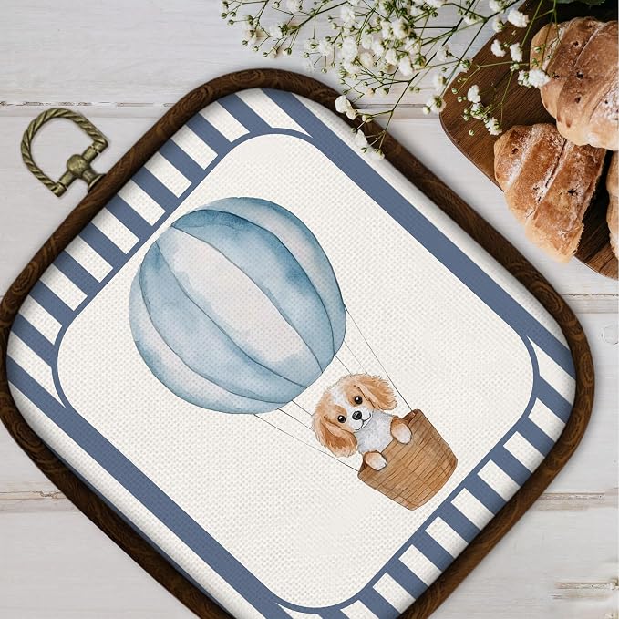 WULQYING Vintage Blue Nursery Wall Art Decor, Hot Air Balloon Dog Square Framed Canvas Art Prints, Toddler Decorations Wall Hanging Decor for Home Kids Playroom Bedroom Gallery, 5.7x6.5 Inches