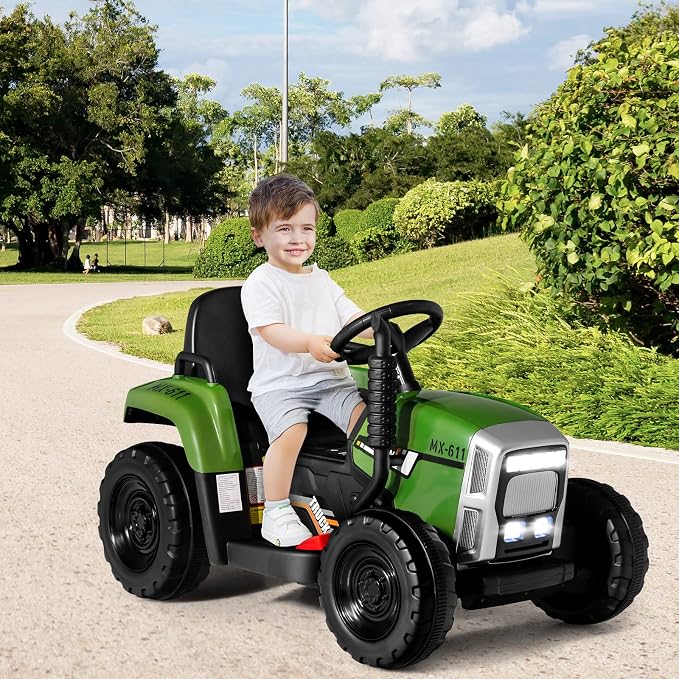 HONEY JOY Ride On Tractor with Trailer, Toddler 3-Gear-Shift Ground Loader, LED Lights, Horn, Music, 12V Battery Powered Electric Toy Tractor with Remote Control(Dark Green)