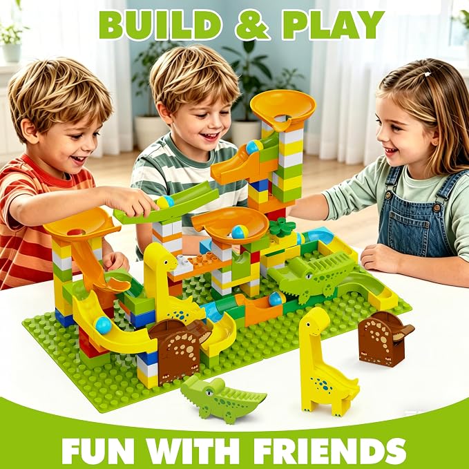 Dinosaur Marble Runs for Kids 4-8 Building Blocks Compatible with LEGO DUPLOS for Age 2-5/138Pcs Classic Big Blocks Marble Run for kids Ages 3-5 STEM Toy/Montessori Toys Gift for Kids Age 3,4,5,6,7,8+