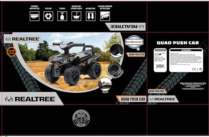 Best Ride On Cars Realtree Officially Licensed Black Quad Push Car for Toddlers 18–36 Months | Foot-to-Floor Ride-On with Horn Sounds, Under-Seat Storage & 4-Wheel Design | Safe Indoor/Outdoor Fun