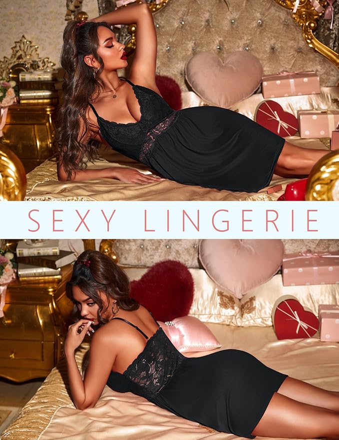 Ekouaer Lingerie for Women Sexy Nightgown Lace Trim Sleep Dress Chemise Nightgowns Sleeveless Night Gown Sleepwear S-3XL