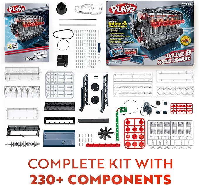 Playz Inline 6 Engine Model Kit - Build Your Own STEM Inline 6 Small Engine that Runs Kit for Adults & Kids Age 10-12+, Visible Inline 6 Mini Engine Kit that Works for Adult w/ 230 STEM Parts