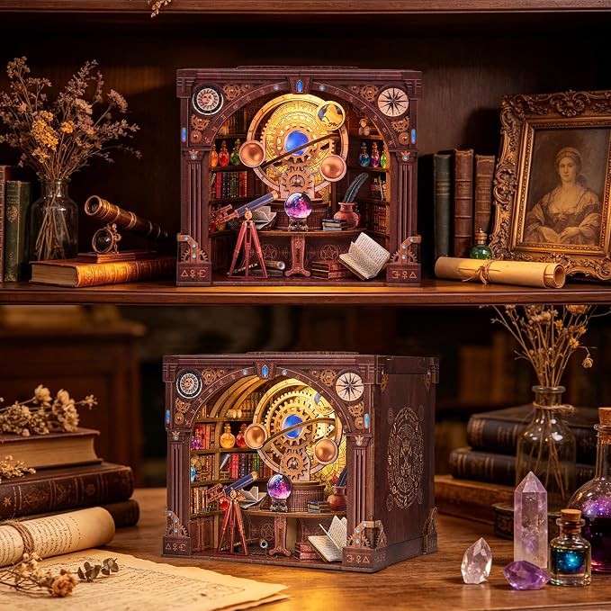 DIY Miniature Dollhouse Kit,3D Wooden Puzzles for Adults to Build, Birthday/Christmas Day Gift for Astronomy & Steampunk Lovers,Mini Zodiac Library with LED Lights,Star Trail Magic Workshop