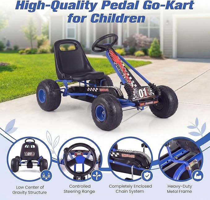Costzon Pedal Go Kart, 4 Wheel Ride on Toy Pedal Car with Adjustable Seat, Forward/Backward & Handbrake, Outdoor Bicycle Go Cart with Wear-Resistant Wheels, Gift for Boys and Girls (Blue)