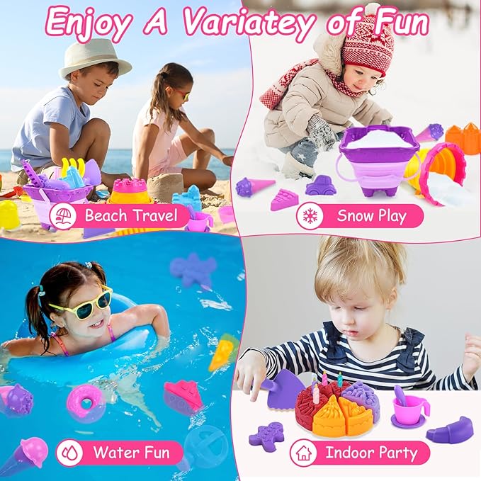 Elovien Beach Sand Toys, 50Pcs Sandbox Toys with 2 Collapsible Buckets, Mesh Backpack Bag, Shovels, Ice Cream, Cake & Castle Sand Molds, Summer Outdoor Travel Toys for Kids Toddlers Girls