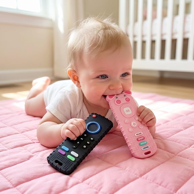 SOLIFEGOBLE 2 Pack Silicone Teething Toys, Cute Pig-Shaped Remote Control Style Teethers for Babies 6-18 18-24 Months, BPA-Free Soft Chew Toys for Teething Relief (Black+Pink)