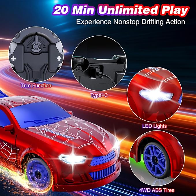 Mini RC Drift Car 1:64 Scale, Remote Control Car with LED Lights & 2-Speed Modes, 2.4GHz Stunt Drifting RC Toys with 4 Obstacles, Hobby Gift for Kids & Adults, Red