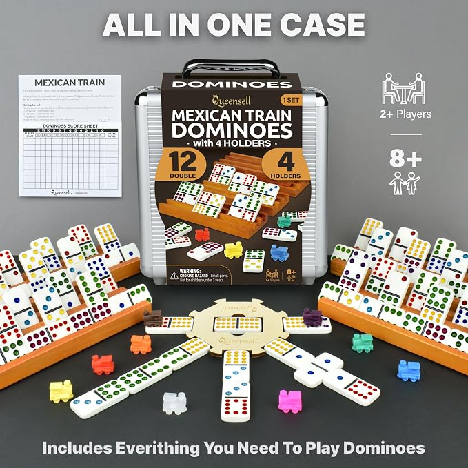 Mexican Train Dominoes Set with 4 Holders - Dominoes Double 12 with Wooden Hub and Tiles Holders - Double 12 Dominos Set for Family Game Night for Adults and Kids Ages 8 and up (D12 + 4 Holders)