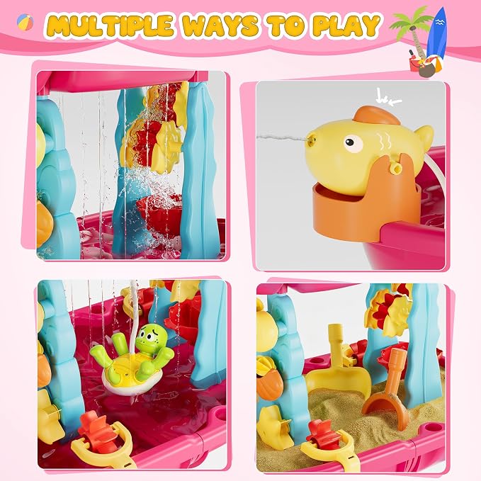 Kids Sand Water Table for Toddlers with Umbrella/Water Pumb, 3-Tier Outdoor Water Sand Play Table Beach Toys, Summer Splash Activity Sensory Table Party Birthday Gift for Kids 3 4 5 6 7 8(Red)