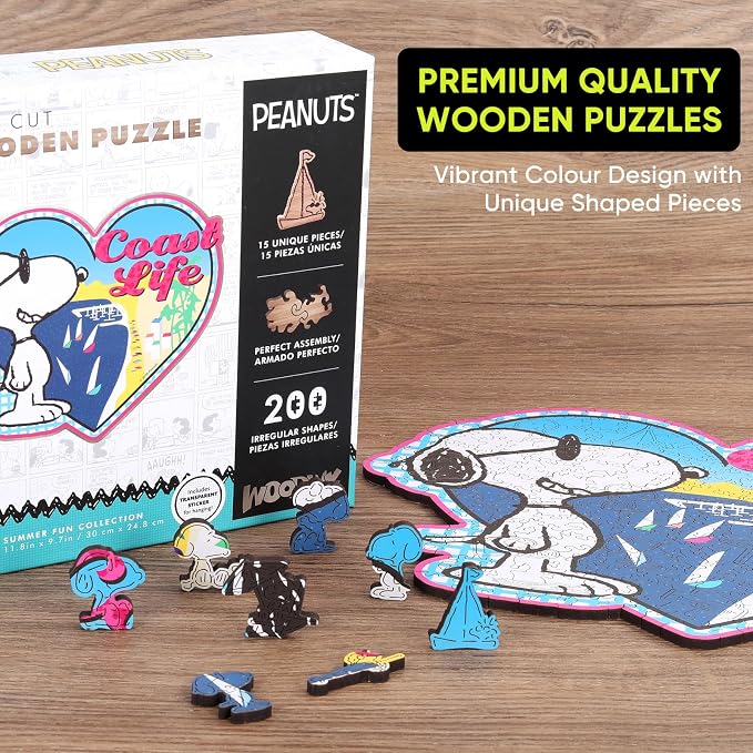 Peanuts Puzzles for Adults – 200 Pieces Unique Heart Shaped Snoopy Wooden Jigsaw Puzzles, Challenging Gift for Family & Friends, 5MM Thick, Officially Licensed Merchandise – Summer Vibe, 11.8" x 9.7"