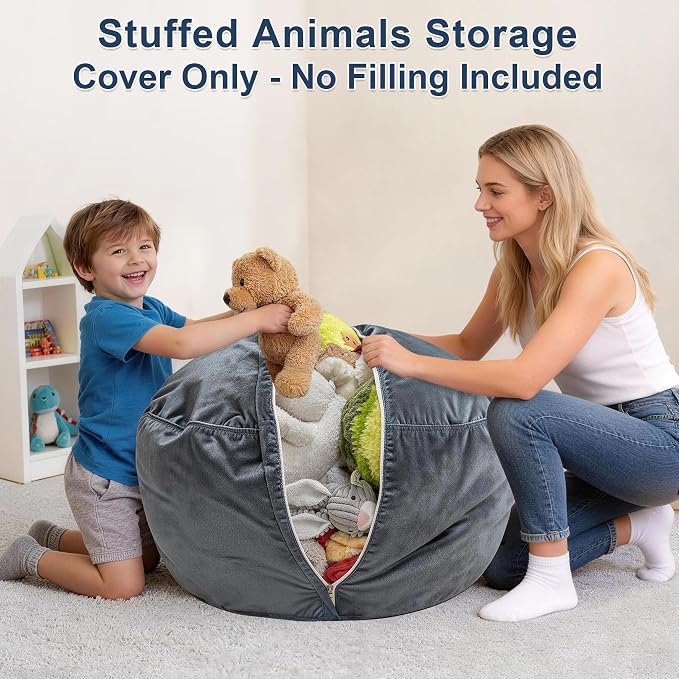 Lukeight Stuffed Animals Storage Bean Bag Chair Cover for Kids and Teens, Cozy Velvet Plush Toy Organizer Seat, Cover Only, No Filling Included, Long YKK Zipper, Side Pocket, XX-Large 36 x 20 in